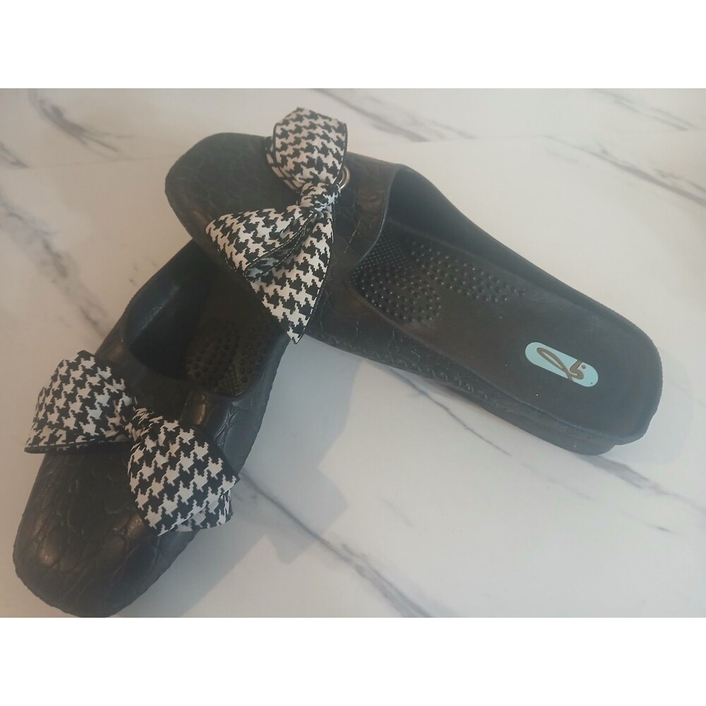 OKA-B Womens Black White Houndstooth Ribbon Bow Sandals  Mules Slip-on M/L